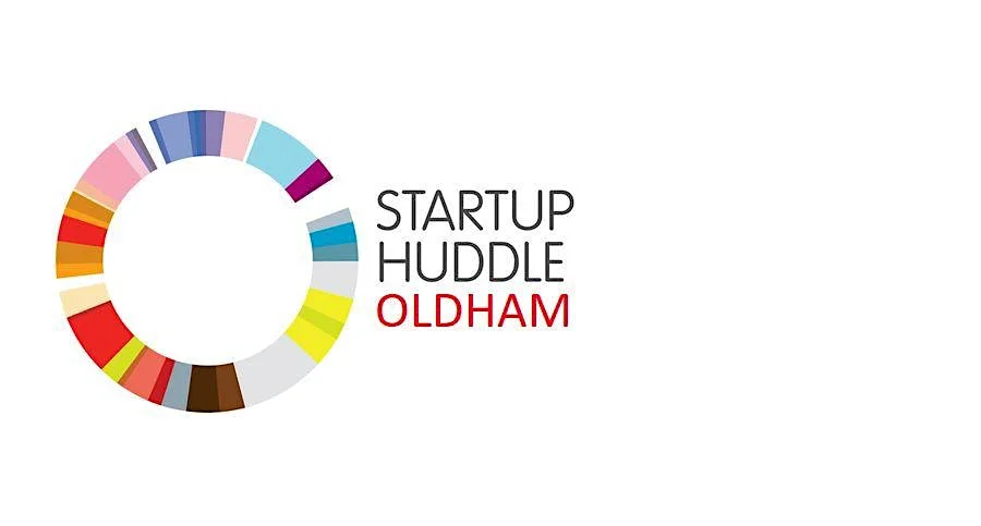 Logo with a multicolored circular logo. Startup Huddle Oldham