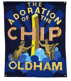 Banner showing cherubs with the slogan The Adoration of the Chip Oldham