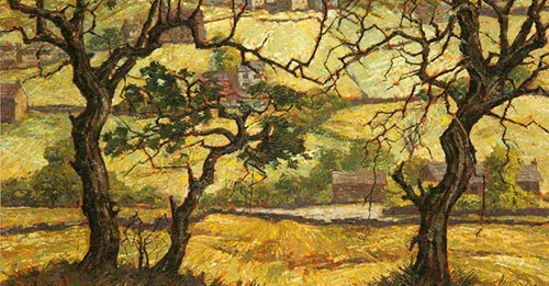 Oil painting of brown leafless trees with yellow brown hills in the background