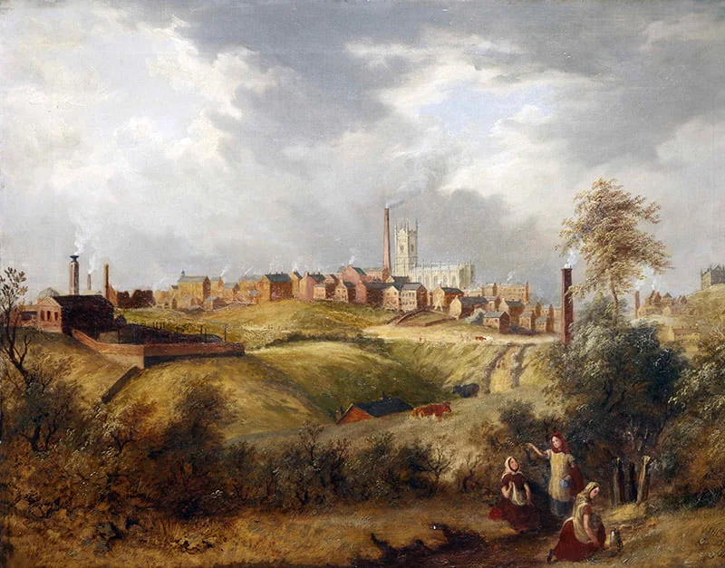 An oil painting of Glodwick, Oldham conveys a small town in the background with smoke coming from the chimneys and rolling fields in the foreground with women working in the fields. There are dark clouds above them