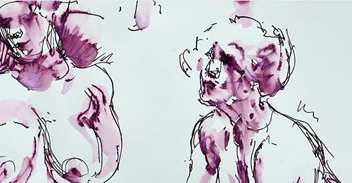 pen and purple watercolour life drawing paintings