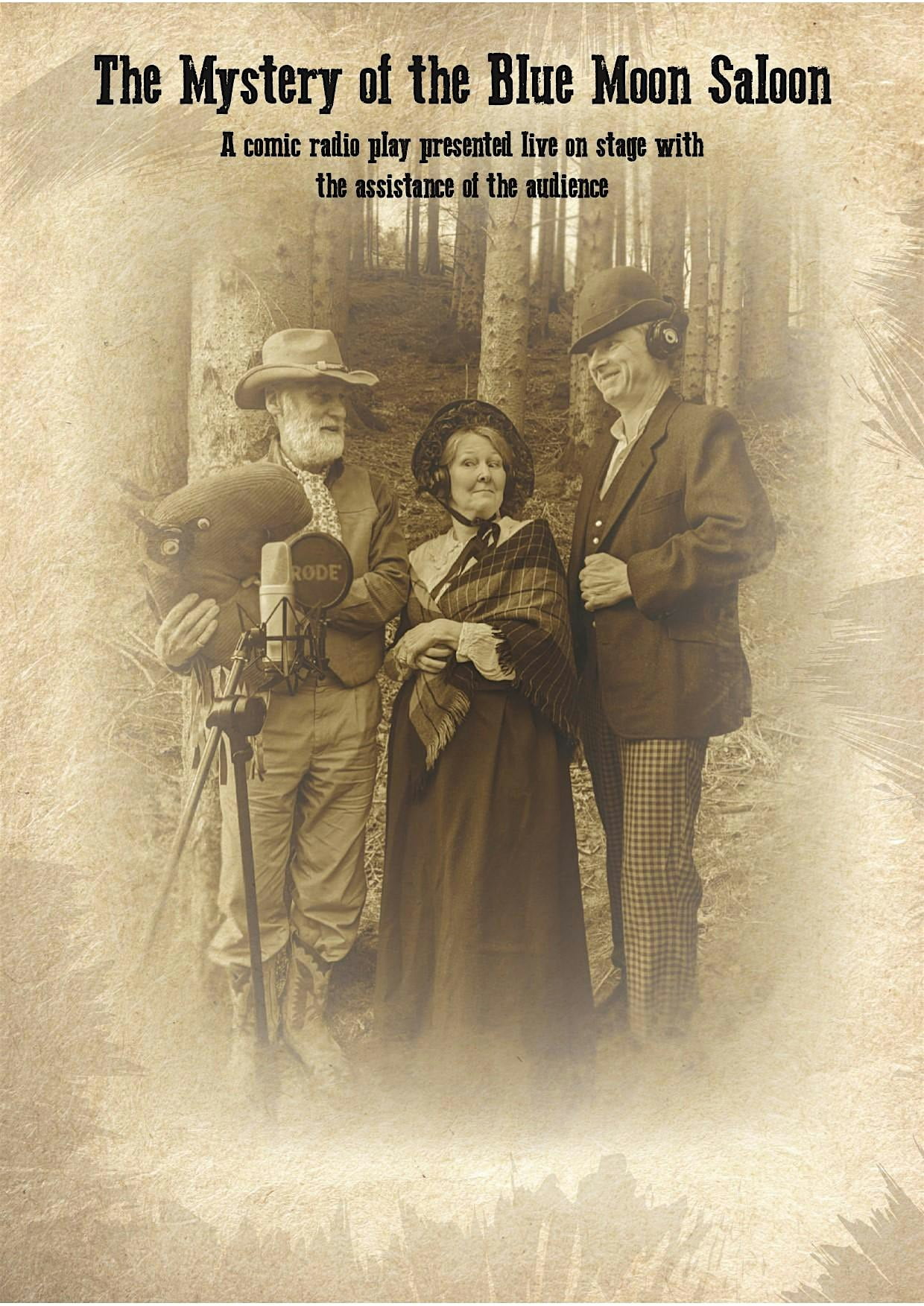 Sepia poster, 3 people stood in a forest dressed in Victorian clothing