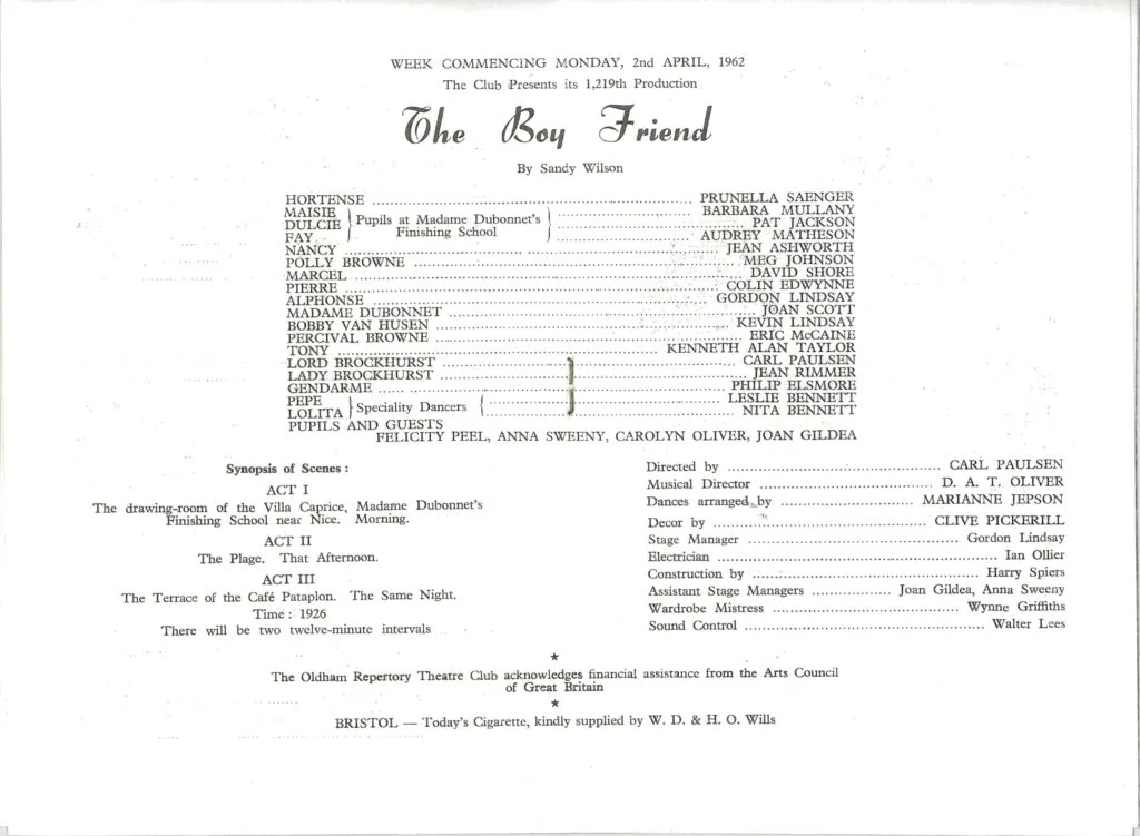 Cast list from the Oldham Repertory Theatre Club performance of The Boy Friend. This play was the first professional appearance on stage of Barbara Knox, then known as Barbara Mullaney.
Document reference: COL/2/5/26/13/1