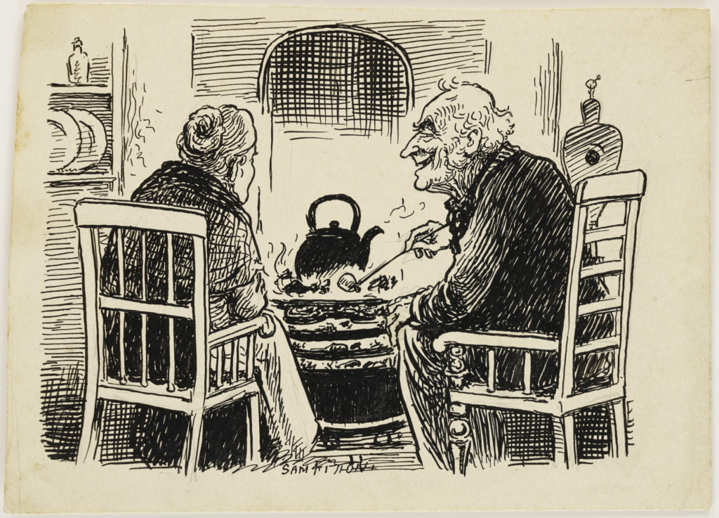 Illustration by Sam Fitton to the poem 'It's cowd to-neet' published in Gradely Lancashire. The sketch shows an old couple seated in front of a fire where a kettle is boiling.
Document reference: FIT/1/1/2