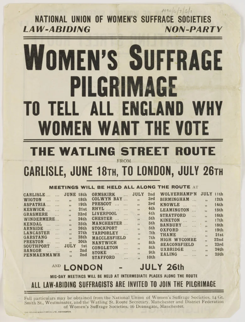 Details of the route taken by the National Union of Women's Suffrage Societies on the Women's Suffrage Pilgrimage in July 1913.
Document reference: M90/6/7/3/1