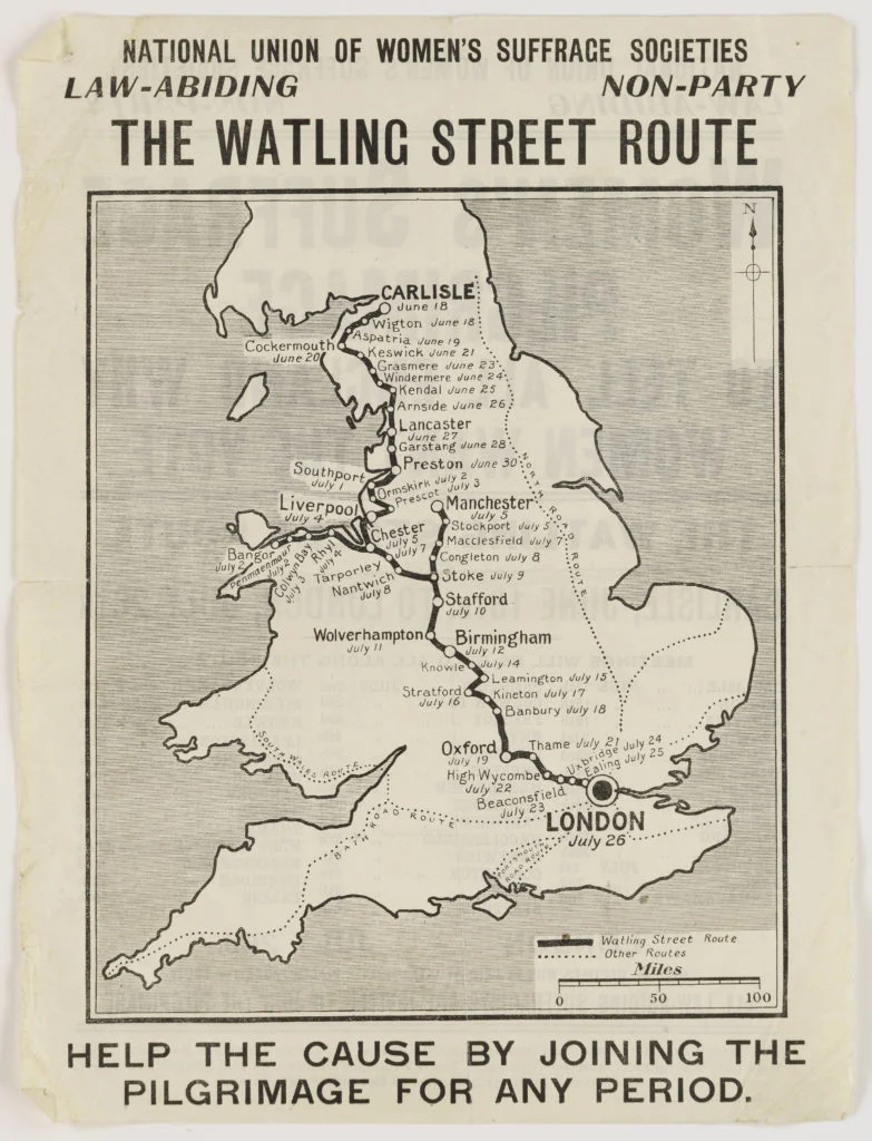 Map of the route taken by the National Union of Women's Suffrage Societies on the Women's Suffrage Pilgrimage in July 1913.
Document reference: M90/6/7/3/1