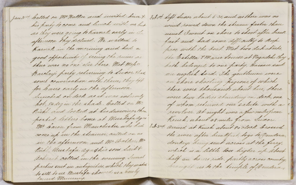 Pages from Charles Lees' Diary recording a trip to Egypt and Europe, November 1864-May 1865, recording a visit to Karnak to view a newly found mummy.
Document reference: M90/4/1/3