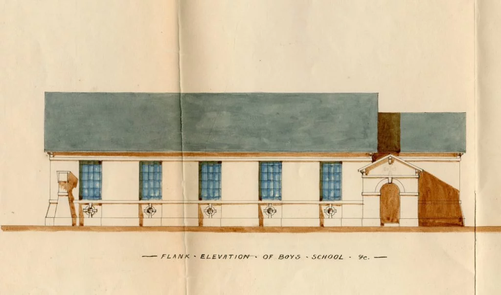 Plan showing the flank elevation of the Boys' school at Waterhead Church School by architect W Tittensor, 1852.
Document reference: S3/8/3