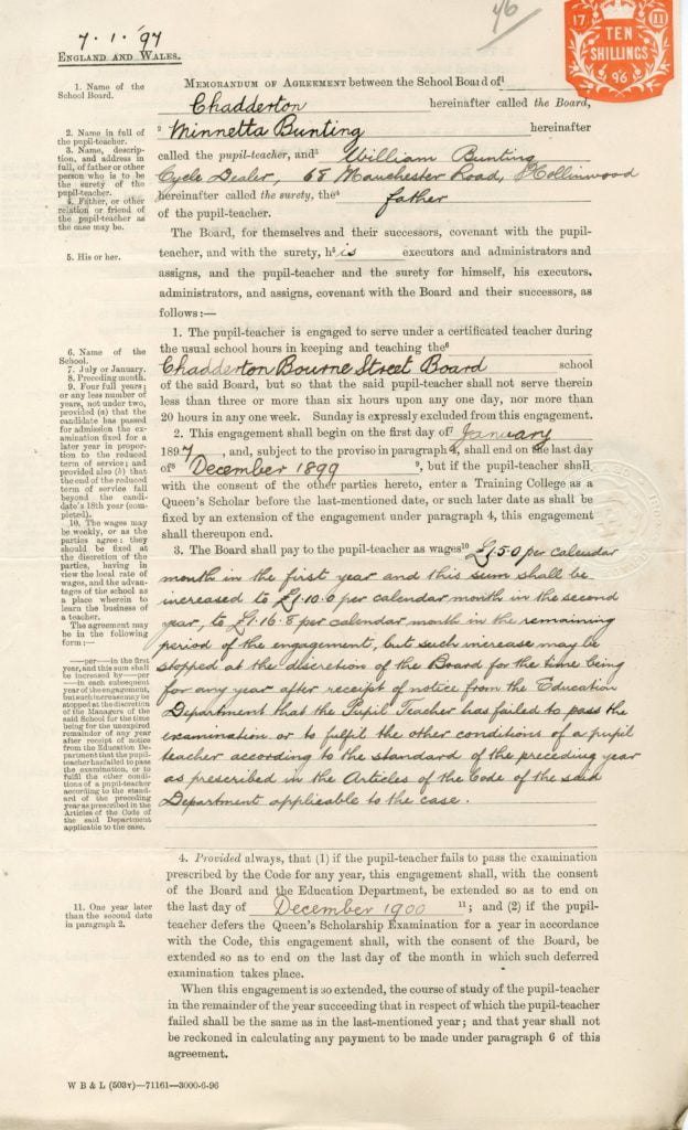 Pupil-teacher agreement for Minnetta Bunting to serve under a certified teacher at Chadderton Bourne Street Board School.
Document reference: S4/1/2/1