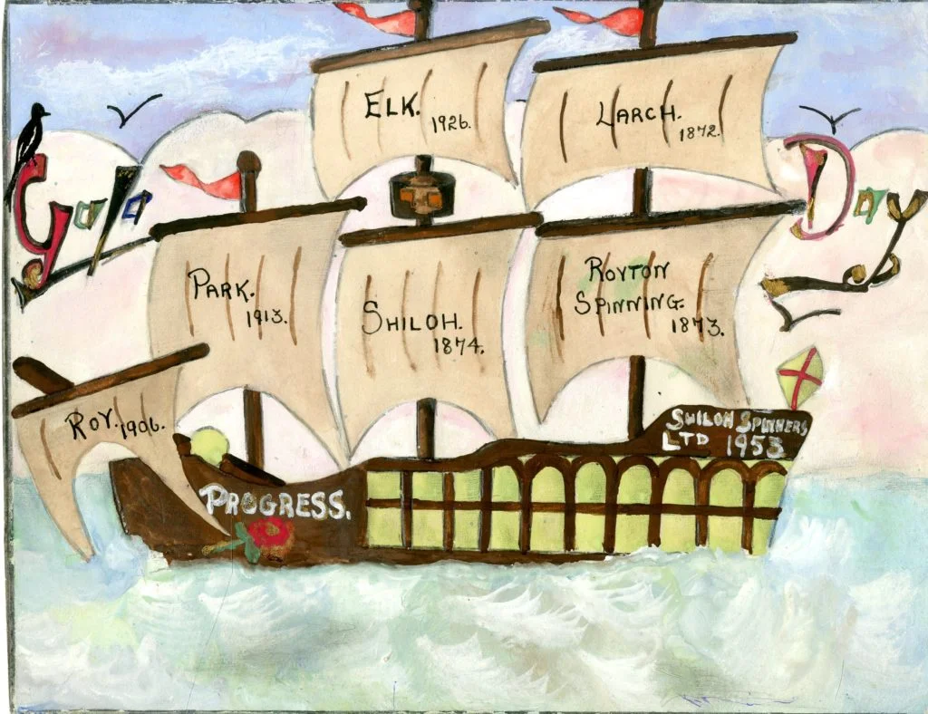 Image of a ship with the name Progress with the names of six mills on the sails, each part of Shiloh Spinners Ltd.
Collection reference: SPLC