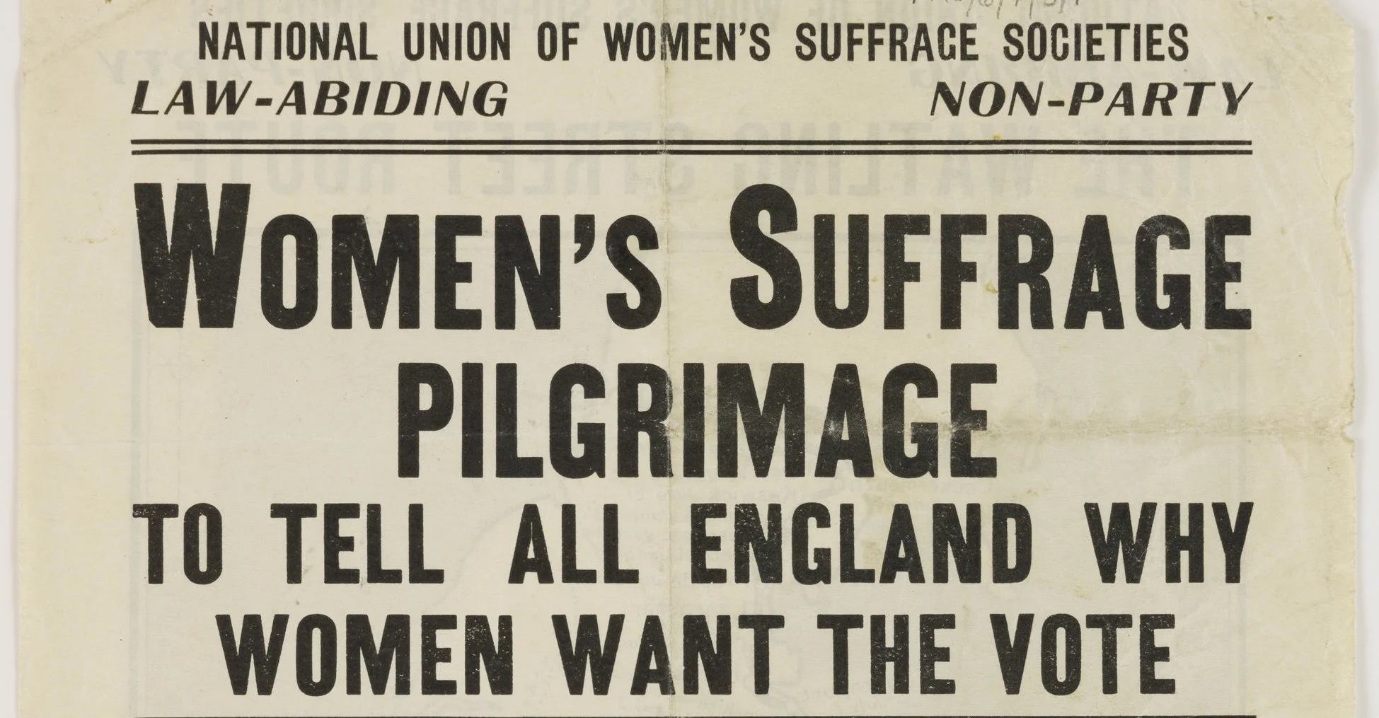 Old Newspaper front page reads 'Women's Suffrage Pilgrimage. To tell all England women why Women want the vote'