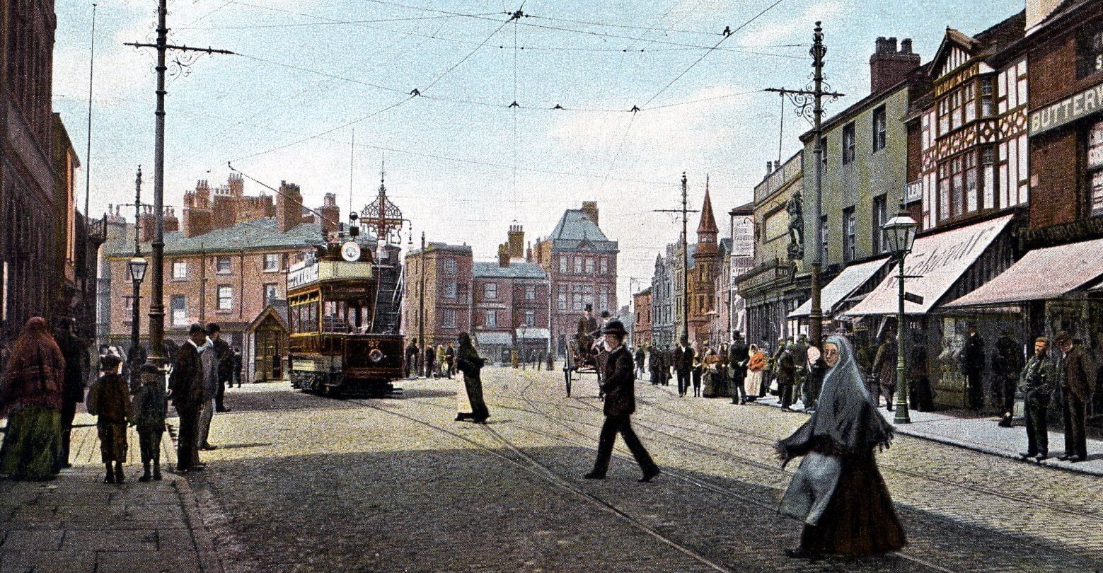 Re-colorized photograph of Market Street in Oldham during the Victorian era