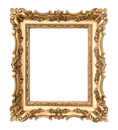Photograph of an empty ornate gold frame