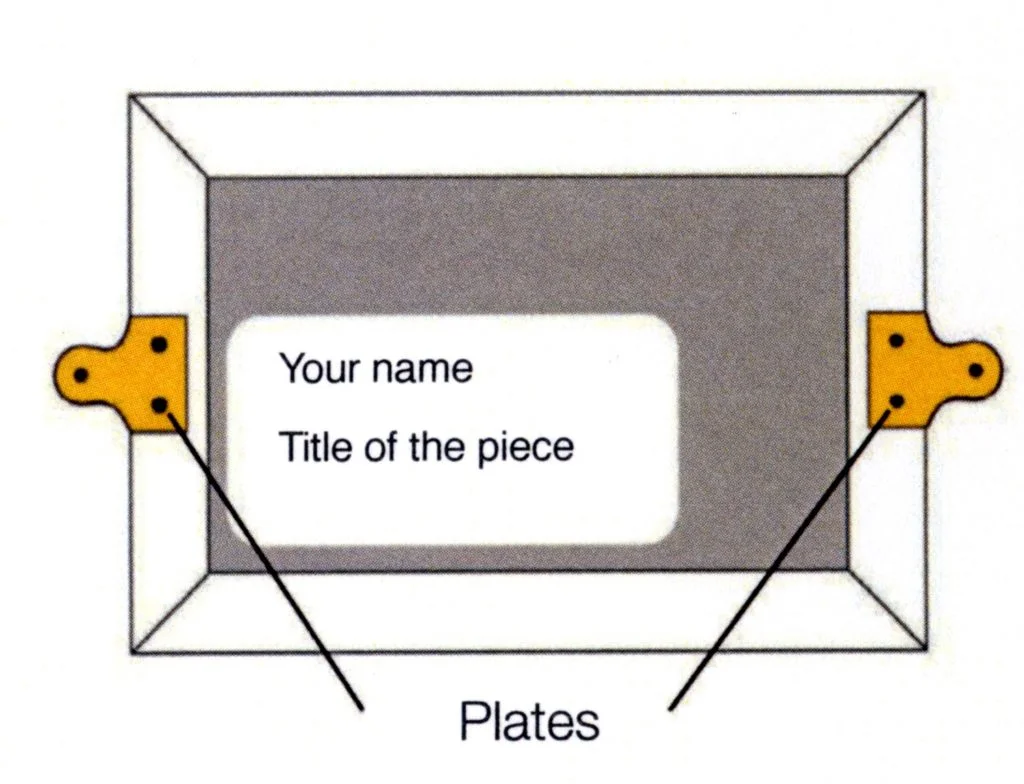 Drawing of the back of a picture showing mirror plates attached centrally on either side with a label with name and title of piece on the back.