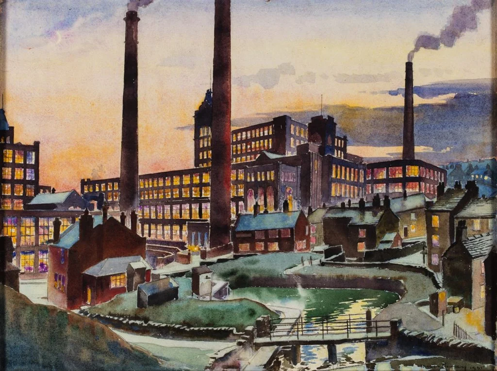Millbottom by James Purdy showing a cotton mill with lit up windows and smoke from the chimneys.