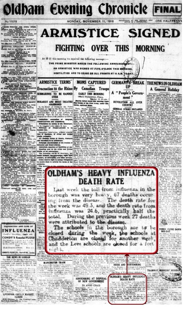 Image of Oldham Chronicle newspaper from11 November 1918 with details of 'Oldham's heavy influenza death rate'